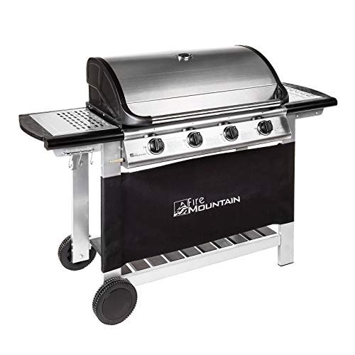 OUR BEST PICK - Fire Mountain Everest 4 Burner Gas Barbecue with Gas Regulator and Hose included | Premium Stainless Steel | Superior Cast Iron Grill and Griddle | Extra Large 77cm x 42cm Cooking Area Our best gas BBQ overall, this grill will get you going the minute you hit the garden. Start by firing it up instantly through piezo ignition then let the four burners and the party size 77 x 42cm cooking surface do the rest. After your food is cooked, let it rest on the side warming rack before you dig in. Meanwhile, a removable drip tray collected all excess juices to make cleaning a doodle later. Not to mention what you can do with its utensil hooks, wheels and the included hose and gas regulator, this gas grill looks an absolute bargain for its price and al you need to buy is the propane gas which is the green bottled patio gas available as most garden centres and DIY stores such as B&Q.