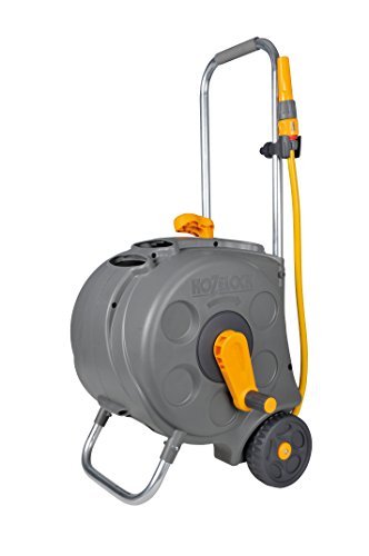 This garden hose is easy to manoeuvre as it comes with a casing that has wheels and its a big improvement on the old cart style designs. Additionally, it features a padded handle to make pulling/pushing the cart easier and is well balanced. It features a manual handle to rewind the hose but it is designed in such a way that it does not require much energy but you do have to manual layer the hose when rewinding which is the only downside.