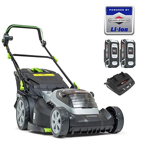 Murray 883266 Lithium-Ion 44cm Lawn Mower IQ18WM44, Including 2X 5Ah Battery and Dual Charger, 5 Years Warranty The Murray 883266 Lithium-Ion 44cm Lawn Mower is specifically made for large gardens up to 640sq.m which usually have to be mowed with petrol mowers which makes this a great cleaner, low maintenance alternative
