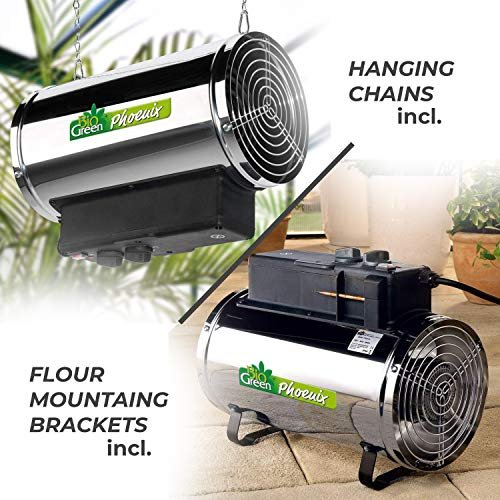 The Biogreen PHX 2.8/GB Phoenix Electric Fan Heater is a powerful model that can be hang by chains or mounted on the floor offering more flexibility when it comes to positioning your heater. The heater offers a maximum energy output of 2.8Kw and also comes with 3 heat settings making it more energy efficient. 
